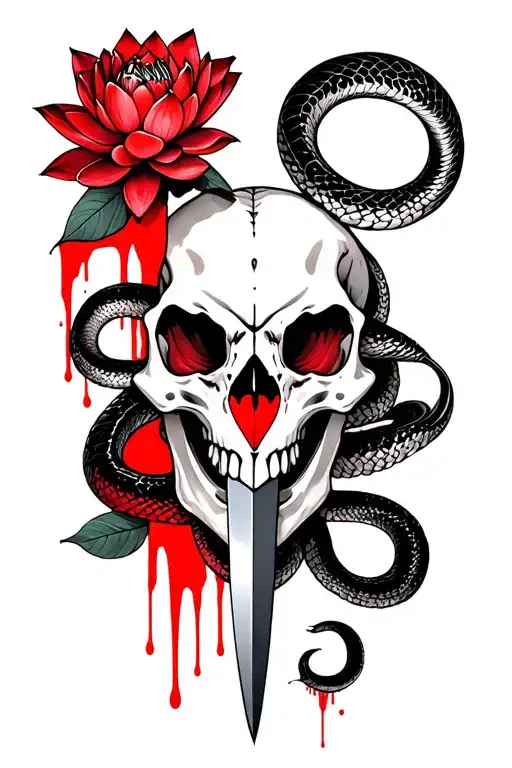 Snake Skull Lotus Dagger Heart blood  black white red tattoo design idea