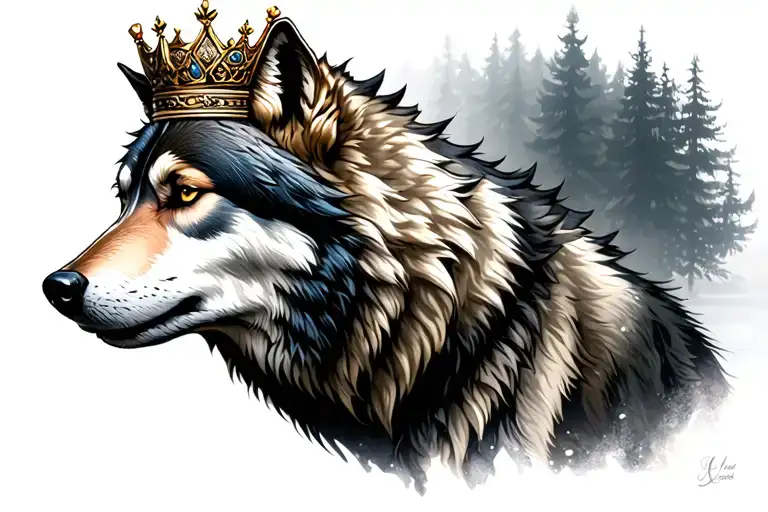 lone wolf with crown and looking at side just black and grey color and big one wolf like guarding tattoo design idea