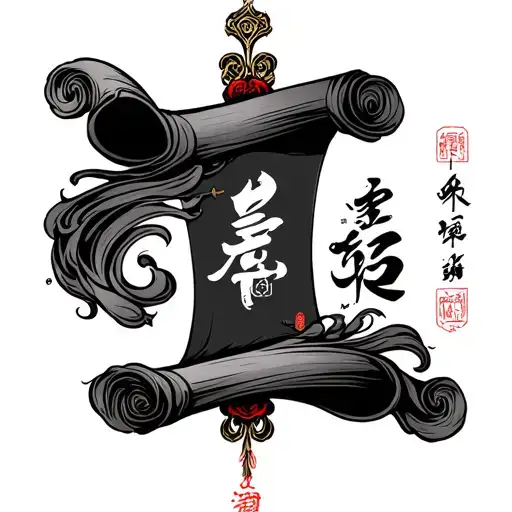 Scroll with chinese wording on it with desgin on the outside tattoo design idea