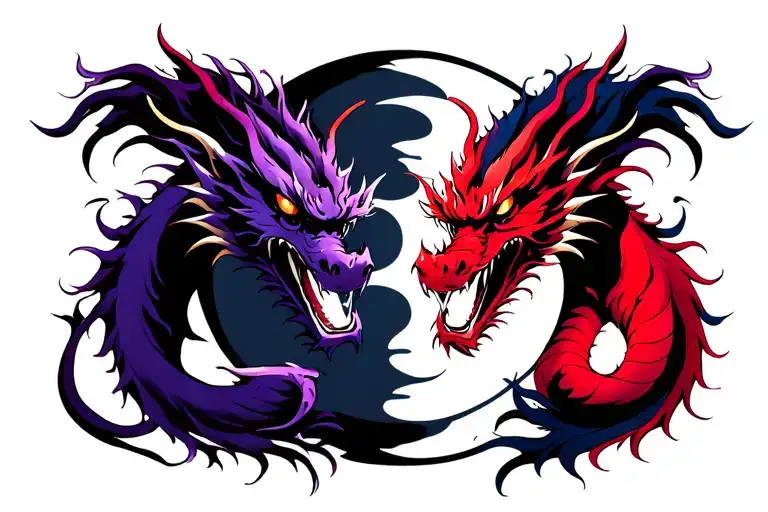 Twin Dragons (Purple and Red) intertwined with their heads meeting at the moon which has the Uchiha clan symbol in it. tattoo design idea
