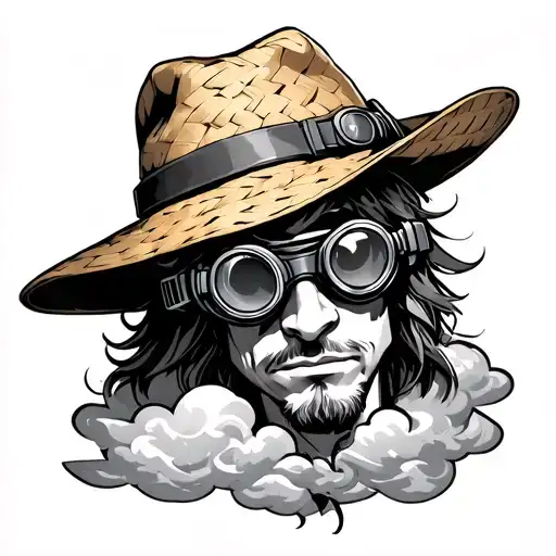 luffys straw hat with his gear five goggles and Omega cloud tattoo design idea