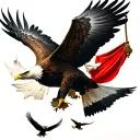 a flying eagle holding a banner and fighting smaller birds that want to steal the banner on the air tattoo design idea