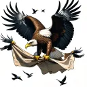 a flying eagle holding a banner and fighting smaller birds that want to steal the banner on the air tattoo design idea