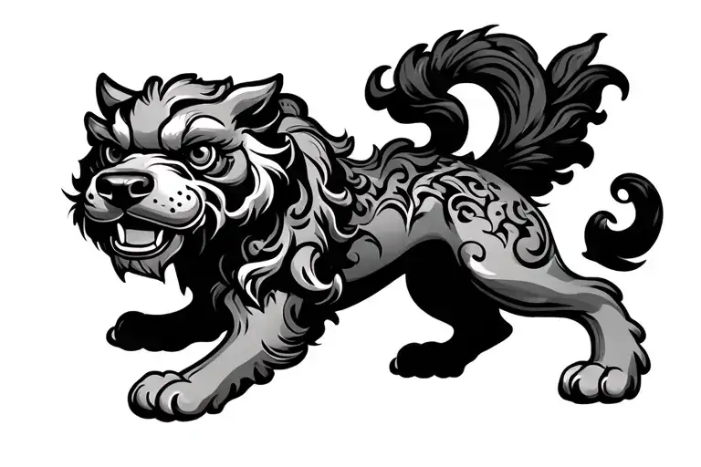 traditional foo dog leg wrap tattoo design idea