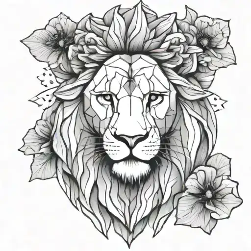 lion head with poppies blooming cherry blossom tattoo design idea