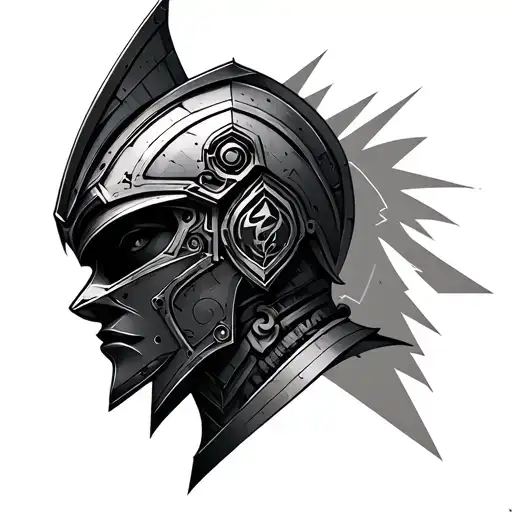 Tattoo Concept Overview:A hybrid mechanical-geometric chess knight head, facing forward.Textured metallic steel shad tattoo design idea
