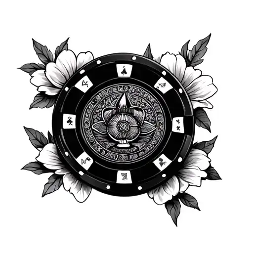 poker chip surrounded by flowers  tattoo design idea