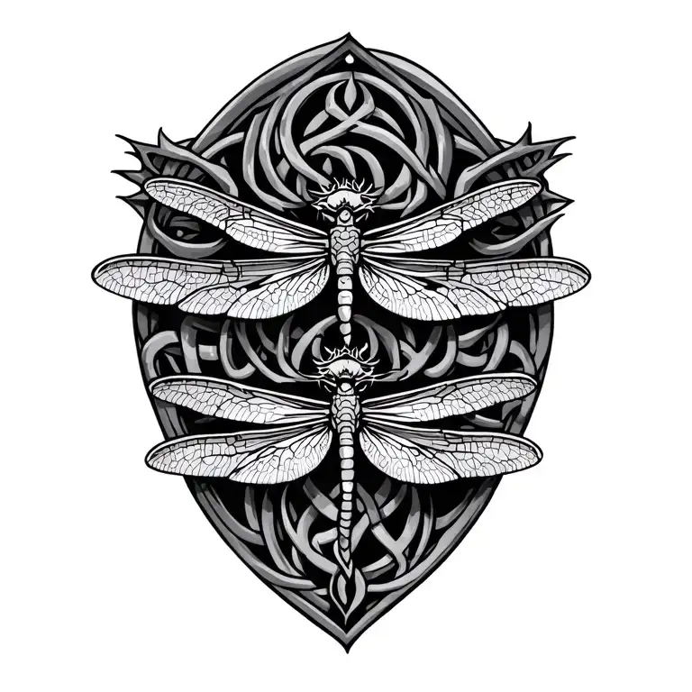 feminine celtic and viking mix, 3 dragon flies, protection, health and luck ruin.  tattoo design idea