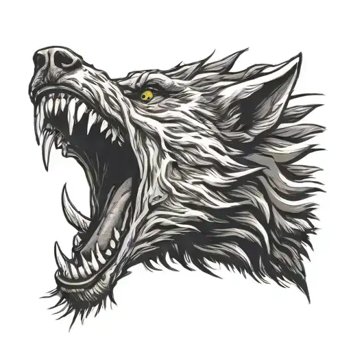 facing right tilted downwards werewolf humanoid screaming fangs expressing deep pain and rage clear detail expression tattoo design idea