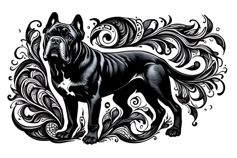 An intricate design of a cane Corso surrounded by swirling patterns inspired by writing and creativity tattoo design idea