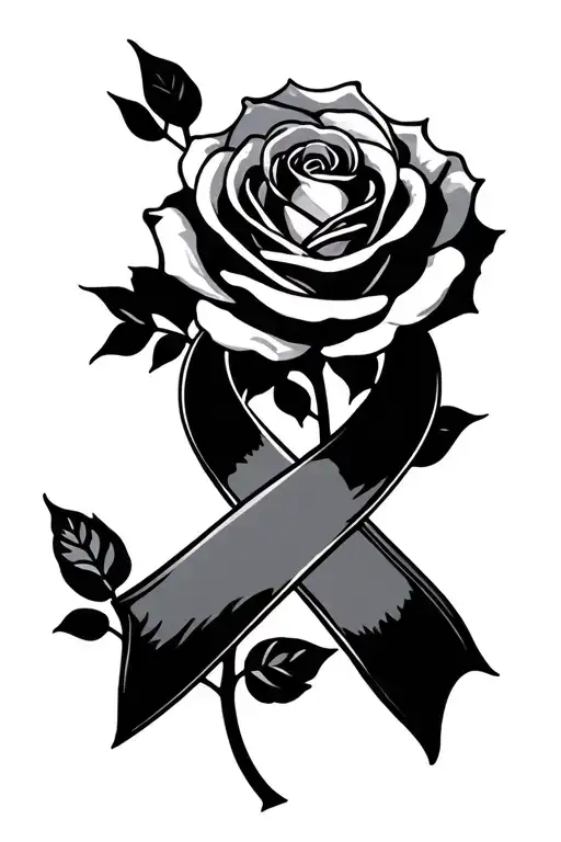 rose with breast cancer ribbon intertwined tattoo design idea