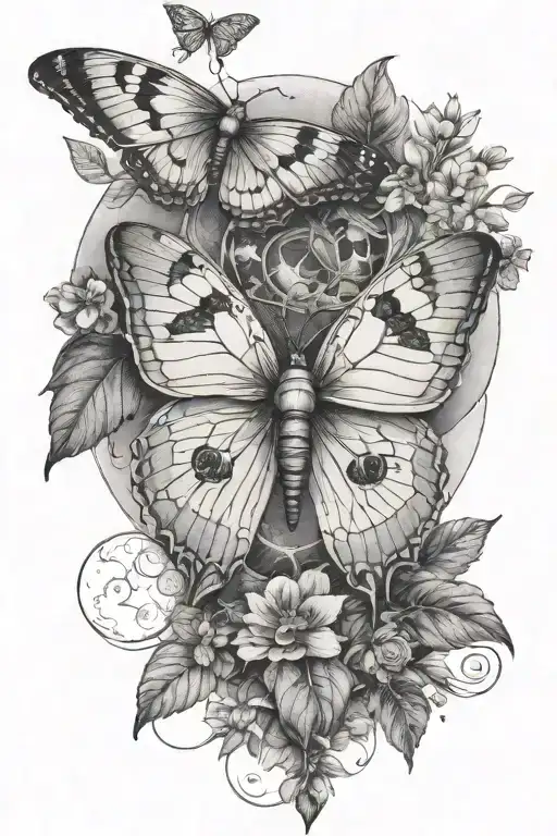 1 lunar moth with moon phases above and botanical plants vining upwards tattoo design idea