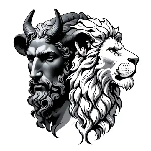 janus greek god but with black sheep  with horns on left face and janus greek god mix white lion on right face tattoo design idea