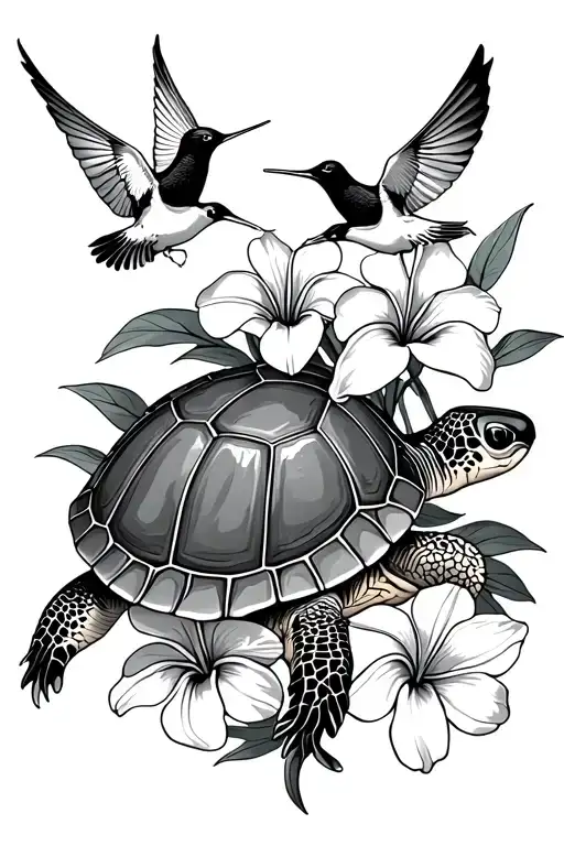 turtle with hibiscus orchid plumeria and swallows tattoo design idea