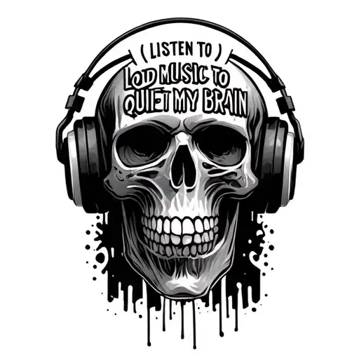 skull with headphones and wording that says" I listen to loud music to quiet my brain" tattoo design idea