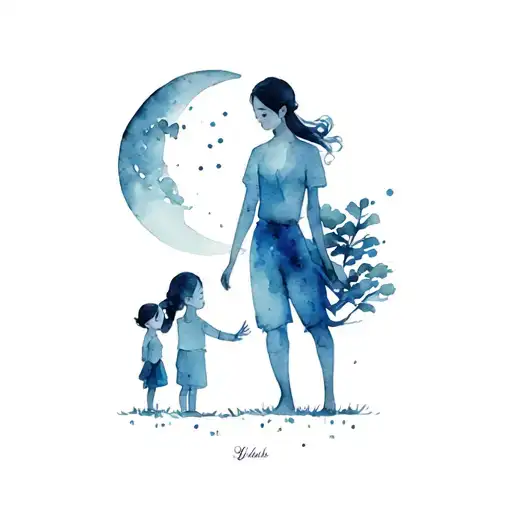 turkish father, chinese mother ,with mixed 7 years old daughter and 3 years old son combine with moon and a big tree tattoo design idea