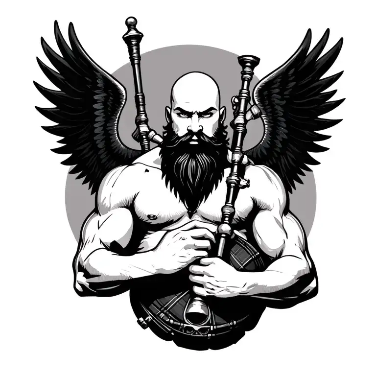 scottish bagpiper bald black beard  muscular wearing pipes in arm big black wings shirtless tattoo calm eyes calm face tattoo design idea