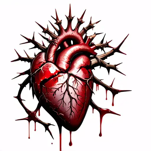 Realistic heart, holy nail inside it, thorn crown on it, blood dripping with a cut on the side. Chest tattoo. tattoo design idea