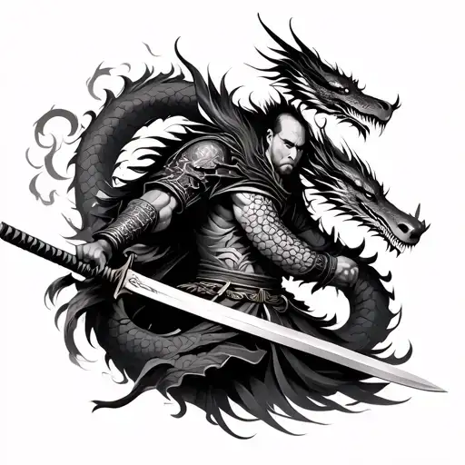 samurai warrior wielding sword, dragon wrapping tattoo design idea