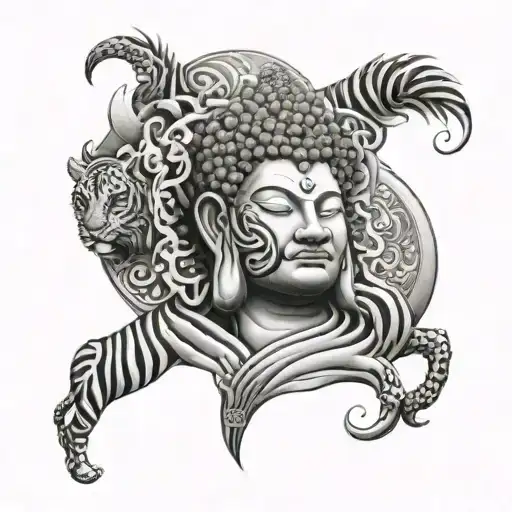 quarter sleeve Buddha mixed with lion and zebra with peace Japanese symbol tattoo design idea