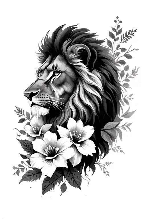 lion and cosmo flowers tattoo design idea