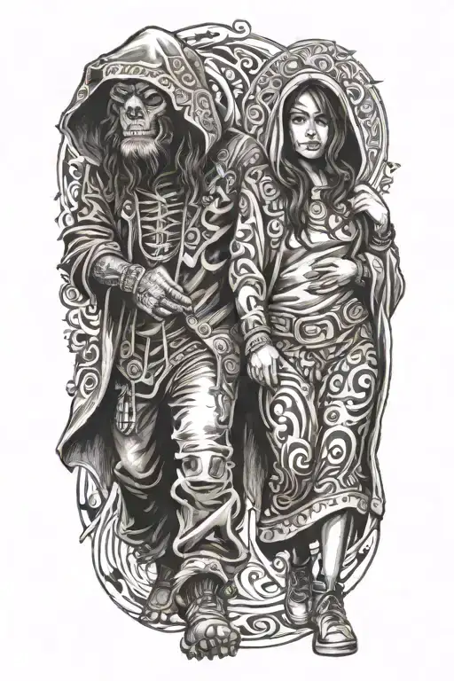 a girl and a huge hooded beast walking side by side holding hands tattoo design idea