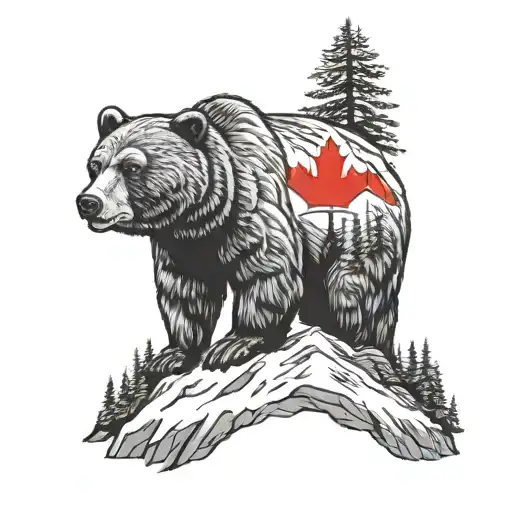 Canadian mountains bear Canadian flag tattoo design idea
