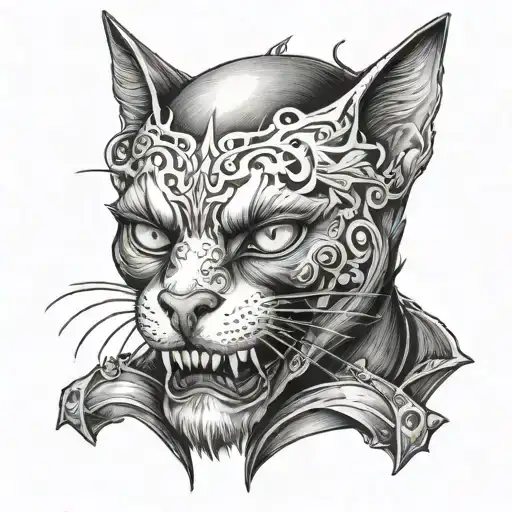 Tattoo engraving of a black cat's head hissing in 3/4 with a cat's skull as headgear tattoo design idea