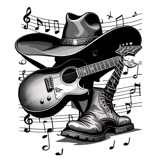 cowboy hat boots guitar music notes  tattoo design idea