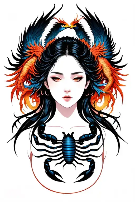 silouette of a woman’s face serene and powerful with pheonix and dragon. A scorpion on her breast revealing it tattoo design idea