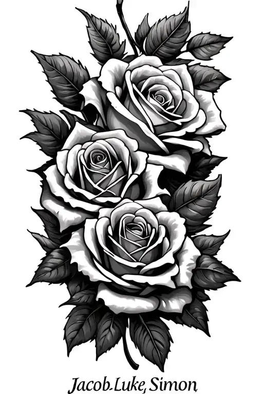 "Jacob, Luke, Simon" roses entwined tattoo design idea