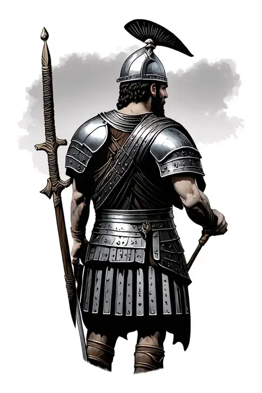 ancient Roman soldier back facing away standing on empty battlefield tattoo design idea