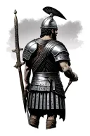 ancient Roman soldier back facing away standing on empty battlefield tattoo design idea