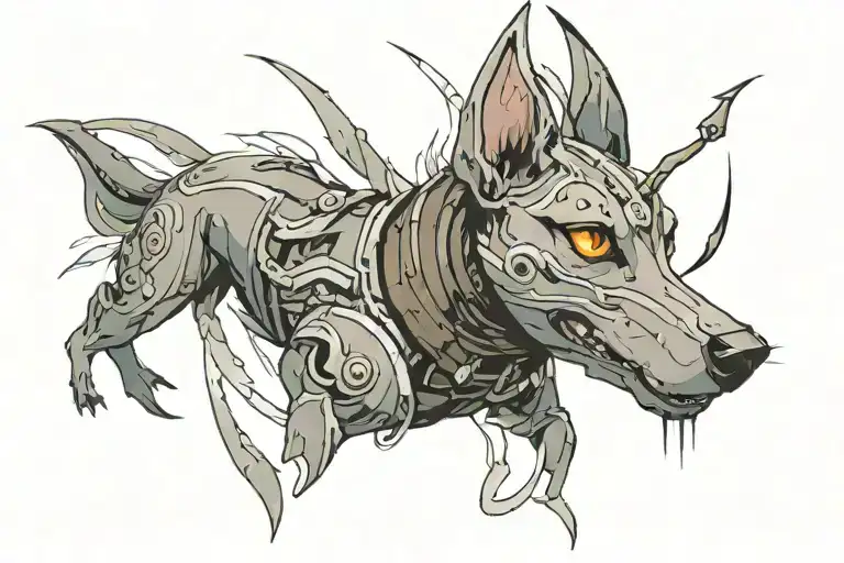 Final Fantasy VII style tattoo design of a playful skinny Kelpie-Staffy dog with one pointy ear and one floppy ear, brow tattoo design idea