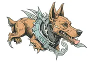 Final Fantasy VII style tattoo design of a playful skinny Kelpie-Staffy dog with one pointy ear and one floppy ear, brow tattoo design idea