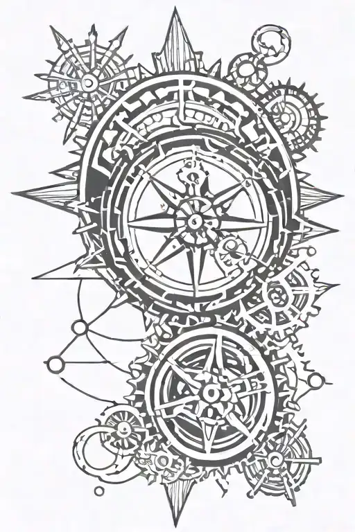 circles with compass, snowflake, bike chainring and the sun  tattoo design idea