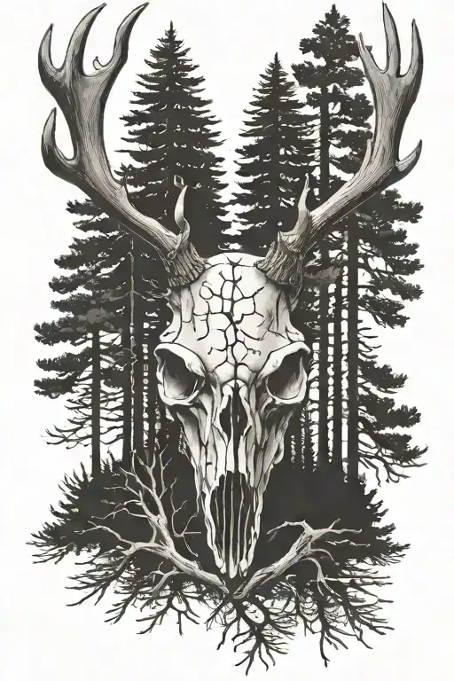 deer skull pine trees tattoo design idea