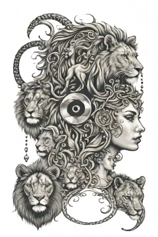 Aquarius woman in the center surrounded by 3 Capricorns then outside 1 lion and 1 lioness tattoo design idea