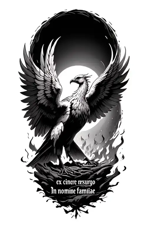 a phoenix rising from ashes with the text "ex cinere resurgo" and "in nomine familiae"  tattoo design idea