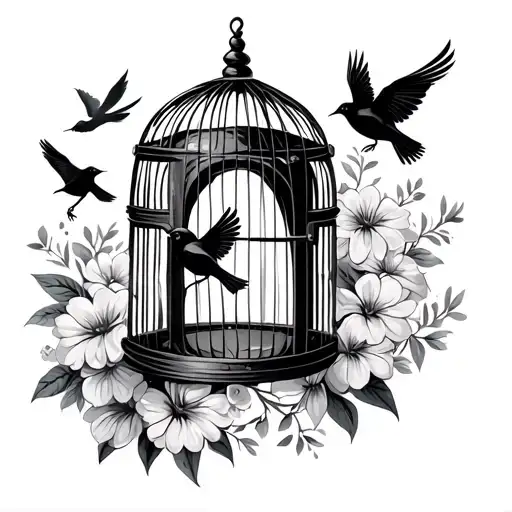 bird cage with flowers door open three birds flying away tattoo design idea