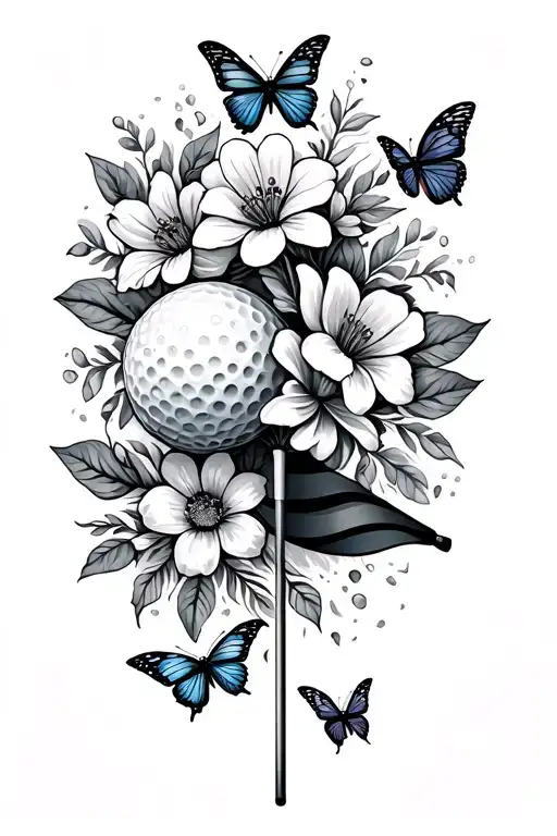 flowers,butterflies and a golf ball and golf flag intertwined tattoo design idea