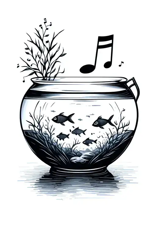 Minimalist black ink tattoo design of a small fish tank with fish shaped like simple musical notes tattoo design idea