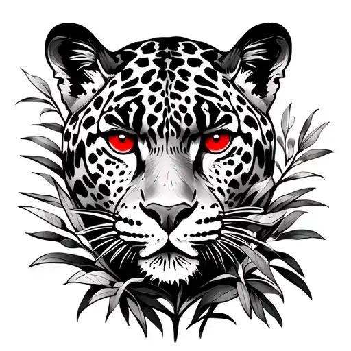 Jaguar face going through bushes with red eyes  tattoo design idea