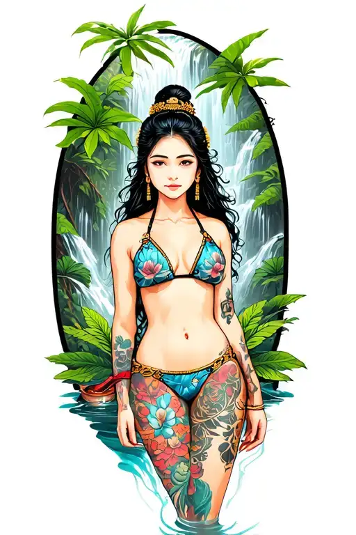thai girl in a topless bikini in the jungle with a waterfall tattoo design idea