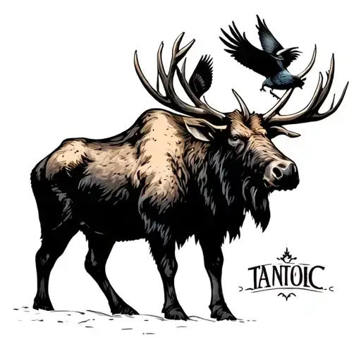 bull moose with hiking bird on the antler tattoo design idea