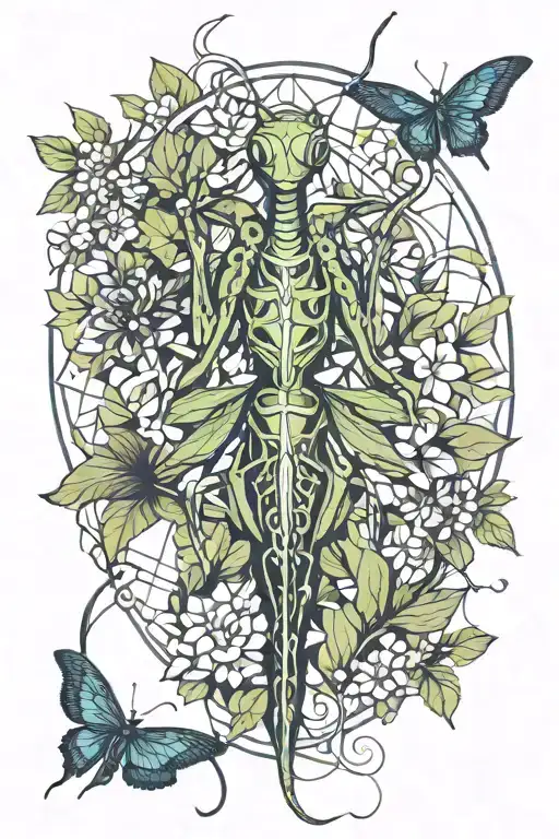 praying Mantis entwined with vines and flowers growing out, god of nature tattoo design idea