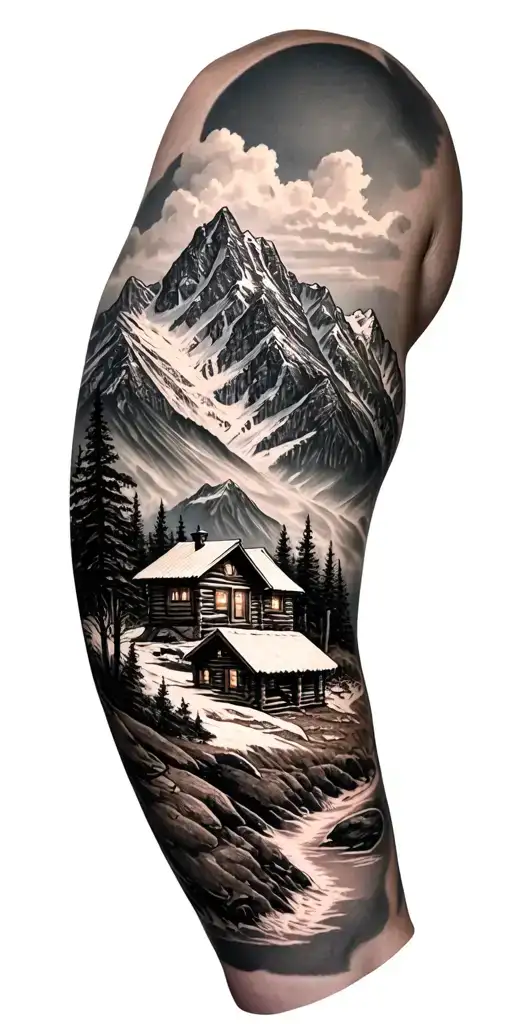 A detailed mountain landscape with a nestled cabin and a hidden hunting scene incorporated within the design tattoo design idea