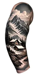 A detailed mountain landscape with a nestled cabin and a hidden hunting scene incorporated within the design tattoo design idea
