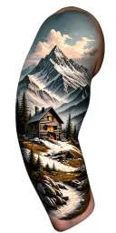 A detailed mountain landscape with a nestled cabin and a hidden hunting scene incorporated within the design tattoo design idea