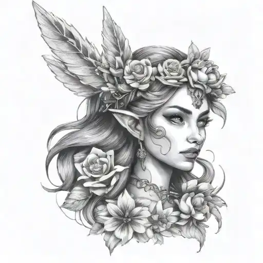 girl elf princess face flowers around crown front  tattoo design idea